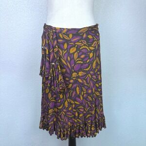 MaxMara Ruffle Skirt Purple Yellow Floral Print Midi‎ Tie Waist Gem Stones Sz 38